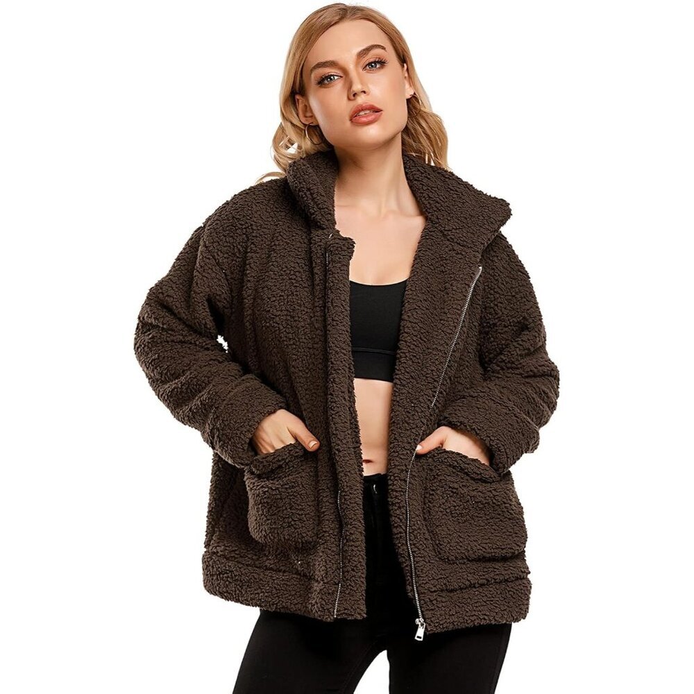 〽️Women's Classic Brown Casual Fleece Zipper Oversized Outwear Coat Warm Jacket
